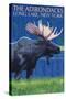 The Adirondacks - Long Lake, New York State - Moose at Night-Lantern Press-Stretched Canvas