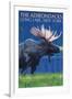 The Adirondacks - Long Lake, New York State - Moose at Night-Lantern Press-Framed Art Print