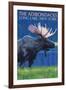 The Adirondacks - Long Lake, New York State - Moose at Night-Lantern Press-Framed Art Print