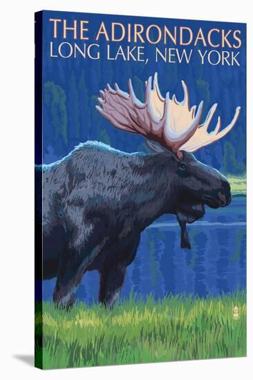 The Adirondacks - Long Lake, New York State - Moose at Night-Lantern Press-Stretched Canvas