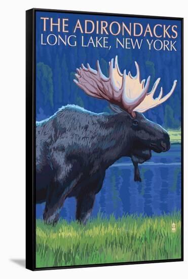 The Adirondacks - Long Lake, New York State - Moose at Night-Lantern Press-Framed Stretched Canvas