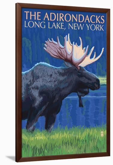 The Adirondacks - Long Lake, New York State - Moose at Night-Lantern Press-Framed Art Print