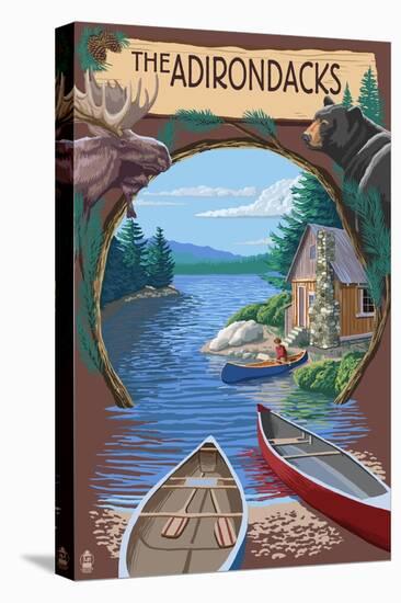 The Adirondacks, New York State - Lake Montage Scene-Lantern Press-Stretched Canvas