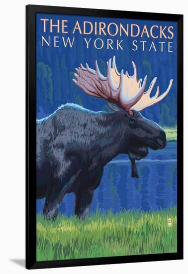 The Adirondacks, New York State - Moose at Night-Lantern Press-Framed Art Print