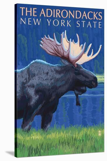 The Adirondacks, New York State - Moose at Night-Lantern Press-Stretched Canvas