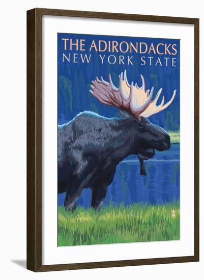 The Adirondacks, New York State - Moose at Night-Lantern Press-Framed Art Print