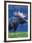 The Adirondacks, New York State - Moose at Night-Lantern Press-Framed Art Print