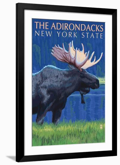 The Adirondacks, New York State - Moose at Night-Lantern Press-Framed Art Print