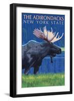 The Adirondacks, New York State - Moose at Night-Lantern Press-Framed Art Print
