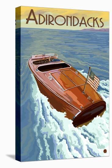 The Adirondacks - Wooden Boat on Lake-Lantern Press-Stretched Canvas
