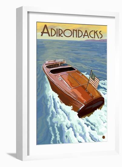 The Adirondacks - Wooden Boat on Lake-Lantern Press-Framed Art Print