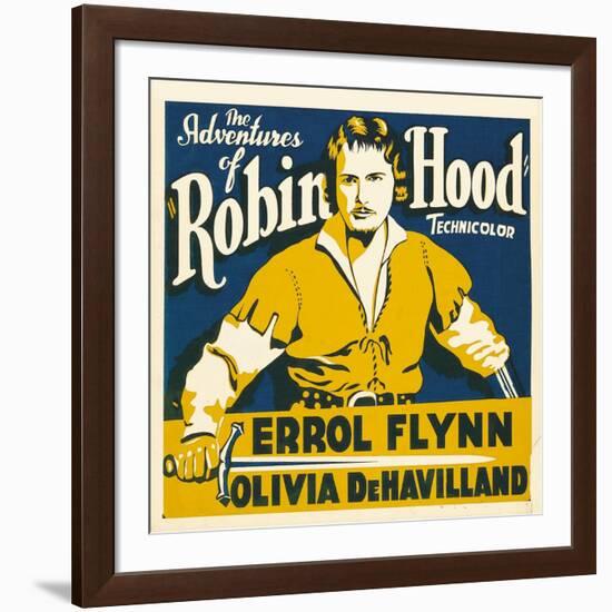 THE ADVENTURES OF ROBIN HOOD, Errol Flynn on jumbo window card, 1938-null-Framed Art Print