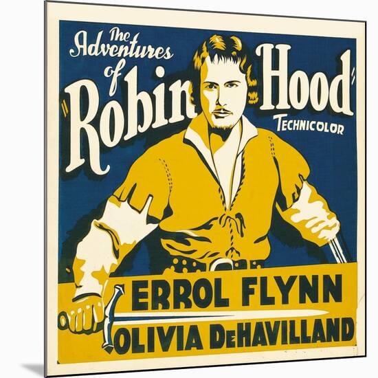 THE ADVENTURES OF ROBIN HOOD, Errol Flynn on jumbo window card, 1938-null-Mounted Art Print