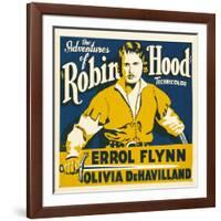 THE ADVENTURES OF ROBIN HOOD, Errol Flynn on jumbo window card, 1938-null-Framed Art Print