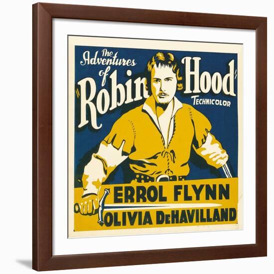 THE ADVENTURES OF ROBIN HOOD, Errol Flynn on jumbo window card, 1938-null-Framed Art Print