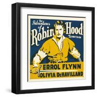 THE ADVENTURES OF ROBIN HOOD, Errol Flynn on jumbo window card, 1938-null-Framed Art Print