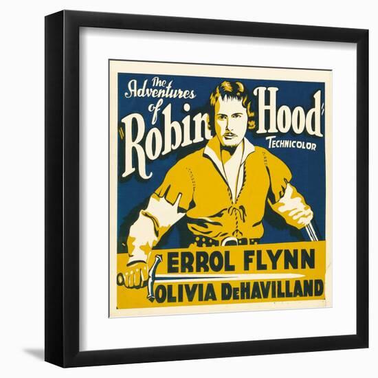 THE ADVENTURES OF ROBIN HOOD, Errol Flynn on jumbo window card, 1938-null-Framed Art Print