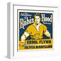 THE ADVENTURES OF ROBIN HOOD, Errol Flynn on jumbo window card, 1938-null-Framed Art Print