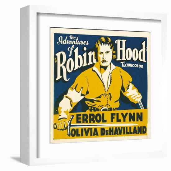 THE ADVENTURES OF ROBIN HOOD, Errol Flynn on jumbo window card, 1938-null-Framed Art Print