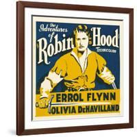 THE ADVENTURES OF ROBIN HOOD, Errol Flynn on jumbo window card, 1938-null-Framed Art Print