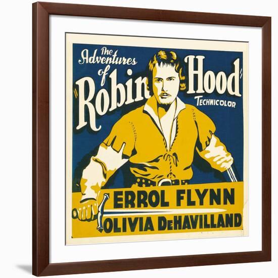 THE ADVENTURES OF ROBIN HOOD, Errol Flynn on jumbo window card, 1938-null-Framed Art Print