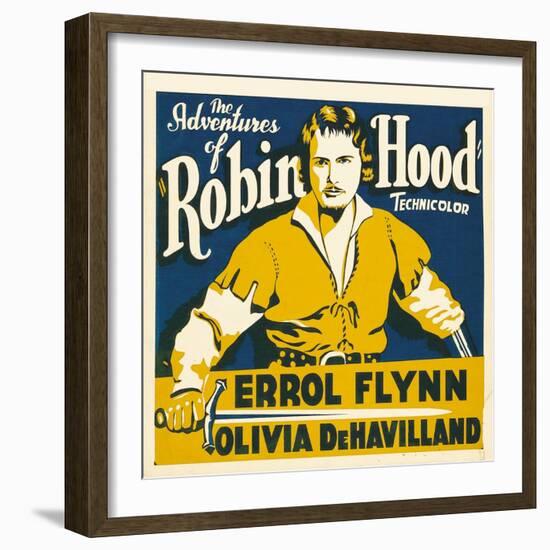 THE ADVENTURES OF ROBIN HOOD, Errol Flynn on jumbo window card, 1938-null-Framed Art Print