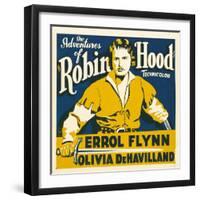 THE ADVENTURES OF ROBIN HOOD, Errol Flynn on jumbo window card, 1938-null-Framed Art Print