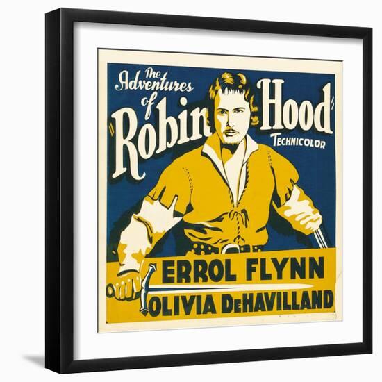 THE ADVENTURES OF ROBIN HOOD, Errol Flynn on jumbo window card, 1938-null-Framed Art Print