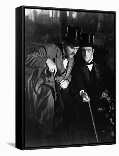 THE ADVENTURES OF SHERLOCK HOLMES, 1939 directed by ALFRED WERKER Nigel Bruce and Basil Rathbone (b-null-Framed Stretched Canvas