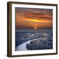 The Aerial View of Snow-Covered Winter Forest in Time Sundown on Christmas Eve.-Vladimir Melnikov-Framed Photographic Print