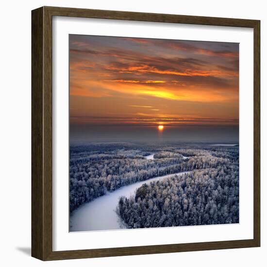 The Aerial View of Snow-Covered Winter Forest in Time Sundown on Christmas Eve.-Vladimir Melnikov-Framed Photographic Print