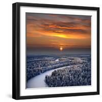 The Aerial View of Snow-Covered Winter Forest in Time Sundown on Christmas Eve.-Vladimir Melnikov-Framed Photographic Print