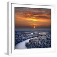 The Aerial View of Snow-Covered Winter Forest in Time Sundown on Christmas Eve.-Vladimir Melnikov-Framed Photographic Print