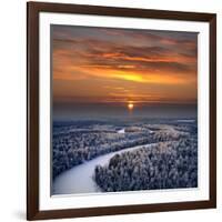 The Aerial View of Snow-Covered Winter Forest in Time Sundown on Christmas Eve.-Vladimir Melnikov-Framed Photographic Print