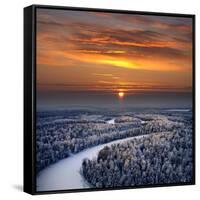 The Aerial View of Snow-Covered Winter Forest in Time Sundown on Christmas Eve.-Vladimir Melnikov-Framed Stretched Canvas