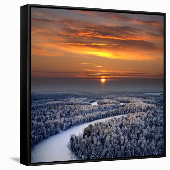 The Aerial View of Snow-Covered Winter Forest in Time Sundown on Christmas Eve.-Vladimir Melnikov-Framed Stretched Canvas