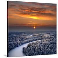 The Aerial View of Snow-Covered Winter Forest in Time Sundown on Christmas Eve.-Vladimir Melnikov-Stretched Canvas