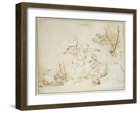 The Angel Appears to Hagar and Ishmael in the Wilderness (Pen and Brown Ink with Bodycolour on Pape-Rembrandt van Rijn-Framed Giclee Print