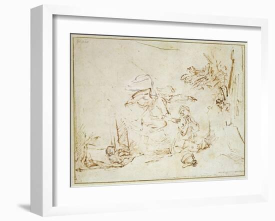 The Angel Appears to Hagar and Ishmael in the Wilderness (Pen and Brown Ink with Bodycolour on Pape-Rembrandt van Rijn-Framed Giclee Print