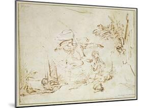 The Angel Appears to Hagar and Ishmael in the Wilderness (Pen and Brown Ink with Bodycolour on Pape-Rembrandt van Rijn-Mounted Giclee Print