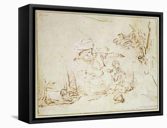 The Angel Appears to Hagar and Ishmael in the Wilderness (Pen and Brown Ink with Bodycolour on Pape-Rembrandt van Rijn-Framed Stretched Canvas