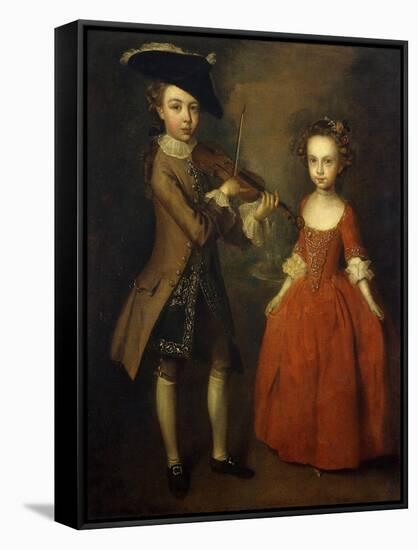 The Archbold Children: a Group Portrait of a Little Boy, Full Length Wearing a Beige Coat, Dark…-Philippe Mercier-Framed Stretched Canvas