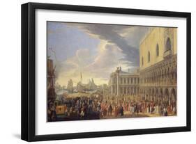 The Arrival of the Earl of Manchester in Venice, 1707-10 (Oil on Canvas)-Luca Carlevaris-Framed Giclee Print