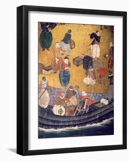 The Arrival of the Portuguese in Japan, Detail of Unloading Merchandise, from a Namban Byobu Screen-Japanese-Framed Giclee Print