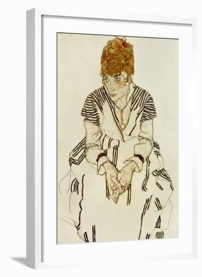 The Artist's Sister-In-Law in Striped Dress, Seated, 1917-Egon Schiele-Framed Giclee Print