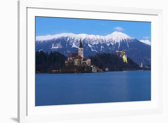 The Assumption of Mary Pilgrimage Church on Lake Bled and Bled Castle at Dusk, Bled, Slovenia-Miles Ertman-Framed Photographic Print