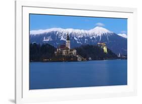 The Assumption of Mary Pilgrimage Church on Lake Bled and Bled Castle at Dusk, Bled, Slovenia-Miles Ertman-Framed Photographic Print