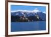 The Assumption of Mary Pilgrimage Church on Lake Bled and Bled Castle at Dusk, Bled, Slovenia-Miles Ertman-Framed Photographic Print