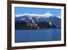 The Assumption of Mary Pilgrimage Church on Lake Bled and Bled Castle at Dusk, Bled, Slovenia-Miles Ertman-Framed Photographic Print