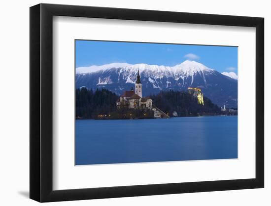 The Assumption of Mary Pilgrimage Church on Lake Bled and Bled Castle at Dusk, Bled, Slovenia-Miles Ertman-Framed Photographic Print